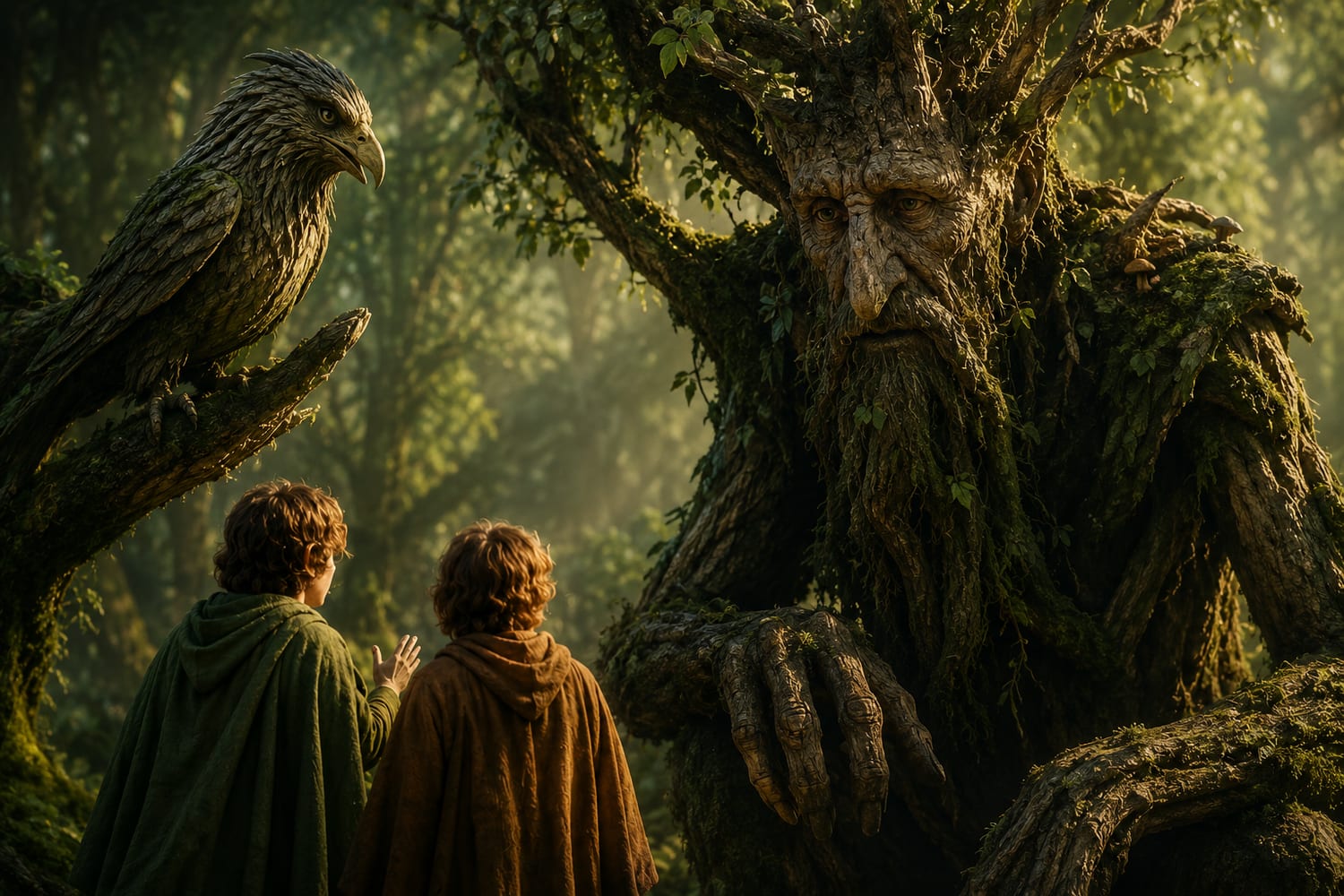 Two hobbits standing before a great Ent in a forest, with an eagle-like guardian looking on