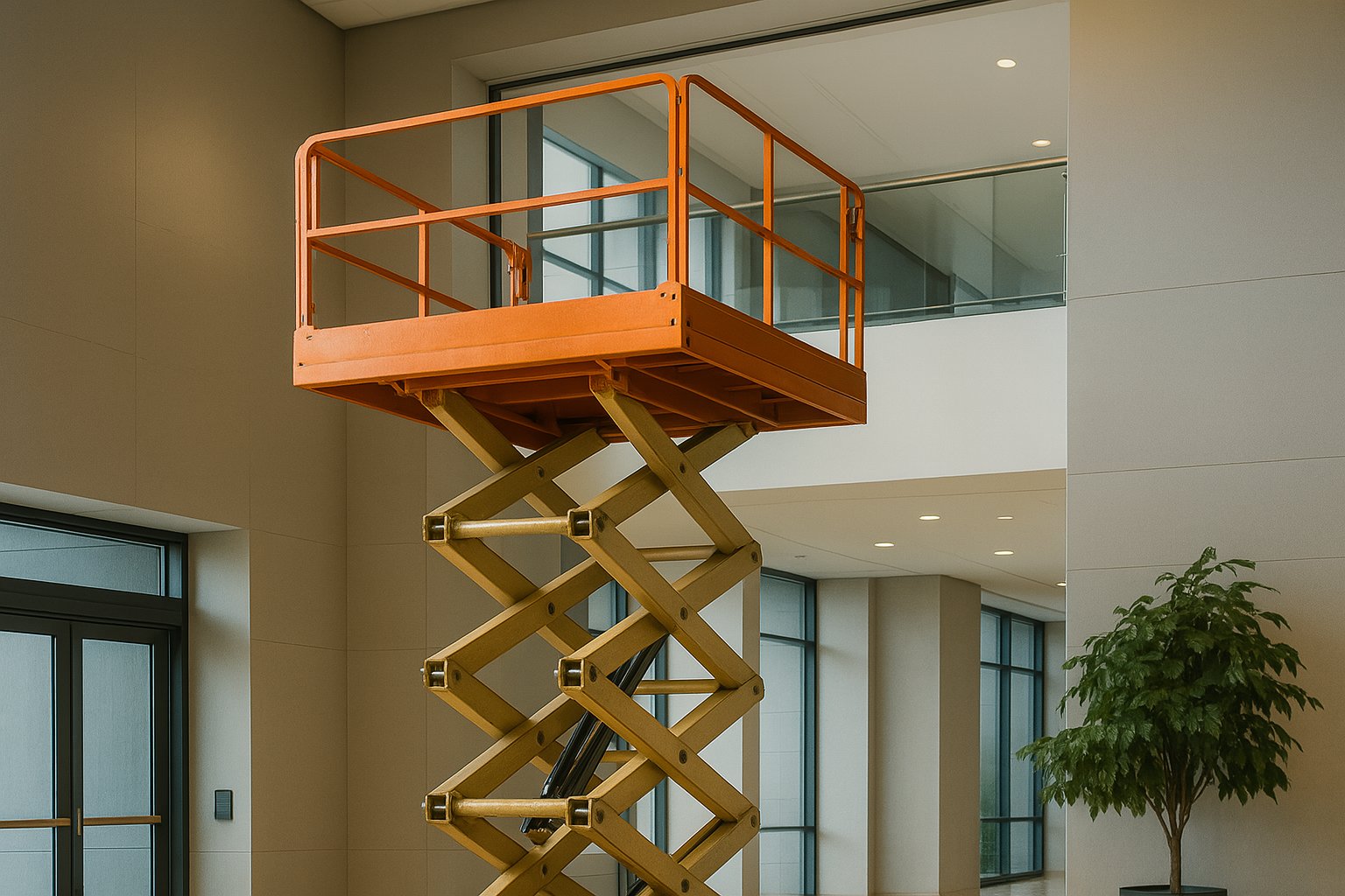 A scissor lift parked behind a plant wall in an office lobby